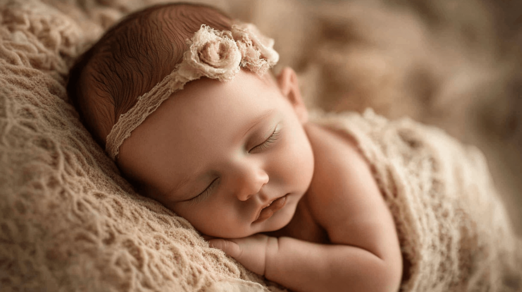 photo of a newborn baby girl asleep