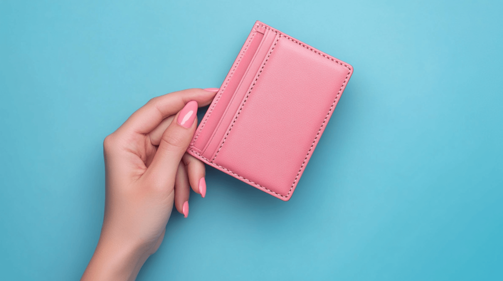 manicured hand of a woman holding an empty pink wallet; emergency fund