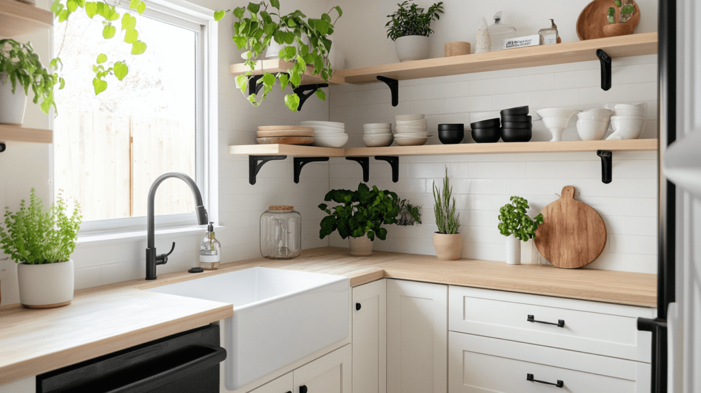 A cozy kitchen with white painted cabinets, modern black hardware, and natural wood open shelving, featuring simple decor like potted plants and neatly arranged dishes. Soft natural lighting from a window brightens the space, highlighting the clean and refreshed look. Budget kitchen makeover. 