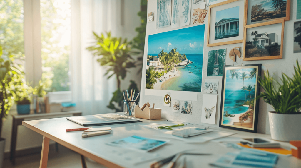 A simple vision board on a clean desk with just a few pictures: a vacation destination, a house, and a dollar sign. The board is minimal with only these images pinned to it, and the desk has a pair of scissors and a glue stick. The background is a bright, uncluttered room with soft natural lighting.