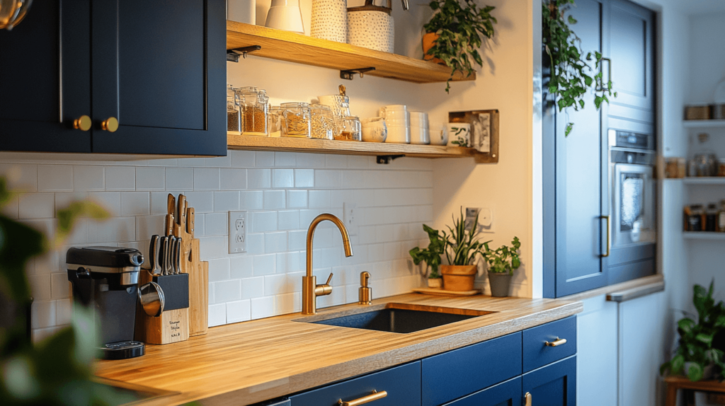 A small kitchen with painted navy blue cabinets, featuring sleek brass handles and a butcher block countertop. Simple, warm lighting shines above, creating a cozy and inviting atmosphere with a touch of modern charm.