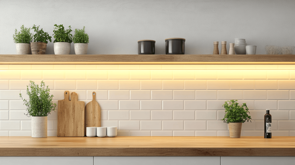 A kitchen with bright, peel-and-stick subway tile backsplash in a clean white pattern, paired with a rustic wooden countertop, illuminated by under-cabinet lighting. The space feels modern and fresh, with minimal decor and a touch of greenery from a small plant.