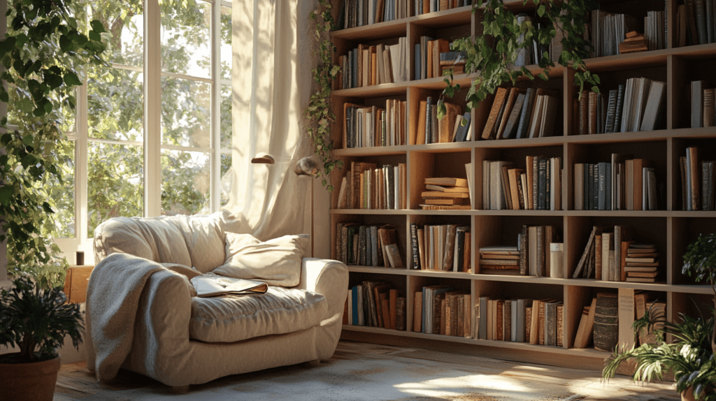 book nook in a home, chair nearby