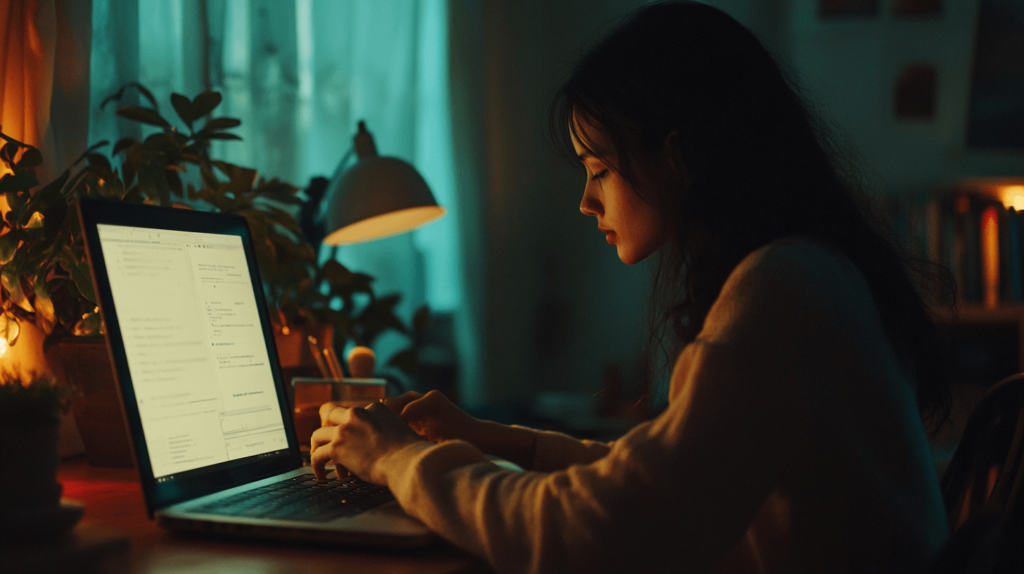 woman working a night on the computer