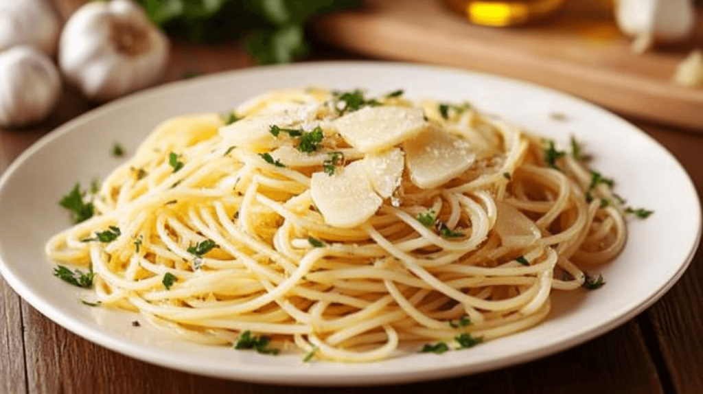 A cozy kitchen scene with a simple plate of garlic spaghetti, with olive oil drizzled over the pasta and thin slices of garlic resting on top, surrounded by fresh parsley and a sprinkle of Parmesan. In the background, a wooden cutting board with sliced garlic and a small bottle of olive oil. Simple and warm lighting enhances the homey atmosphere. budget dinner recipe