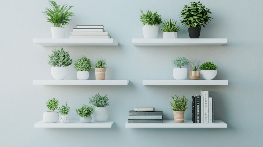 A collection of simple white floating shelves mounted on a wall, showcasing neatly arranged houseplants, books, and small decorative items, giving a clean and minimalist look with natural touches of green from the plants. 