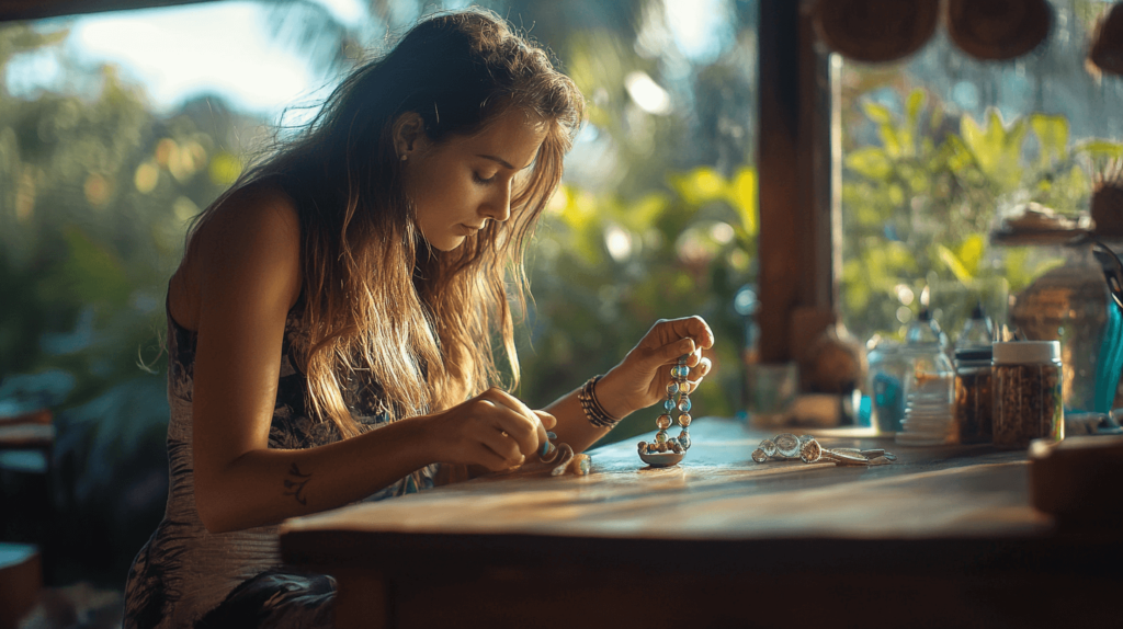 earning extra income, woman making jewelry at home 