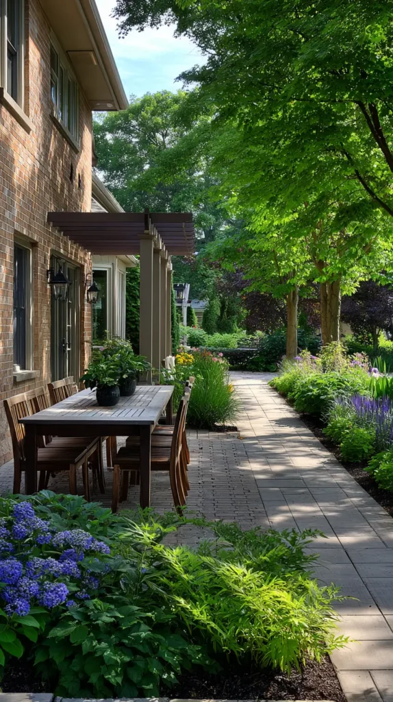 back of the house with trees and seating and a table