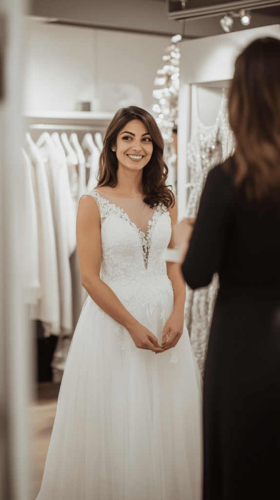 wedding dress shopping at a boutique