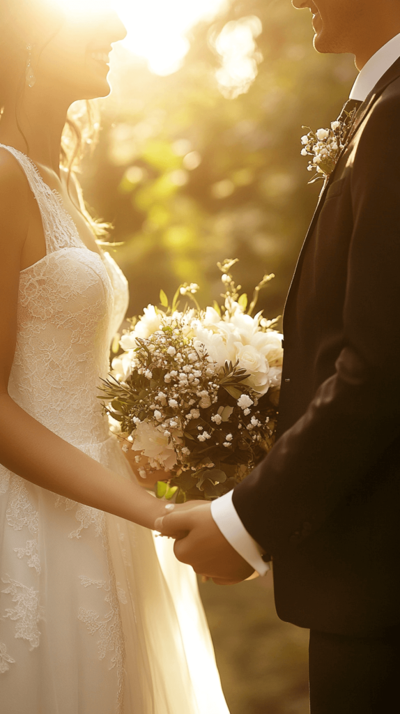 bride and groom holding hands with a bouquet