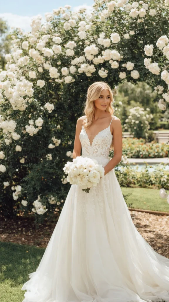 wedding dress, bride near white flowers