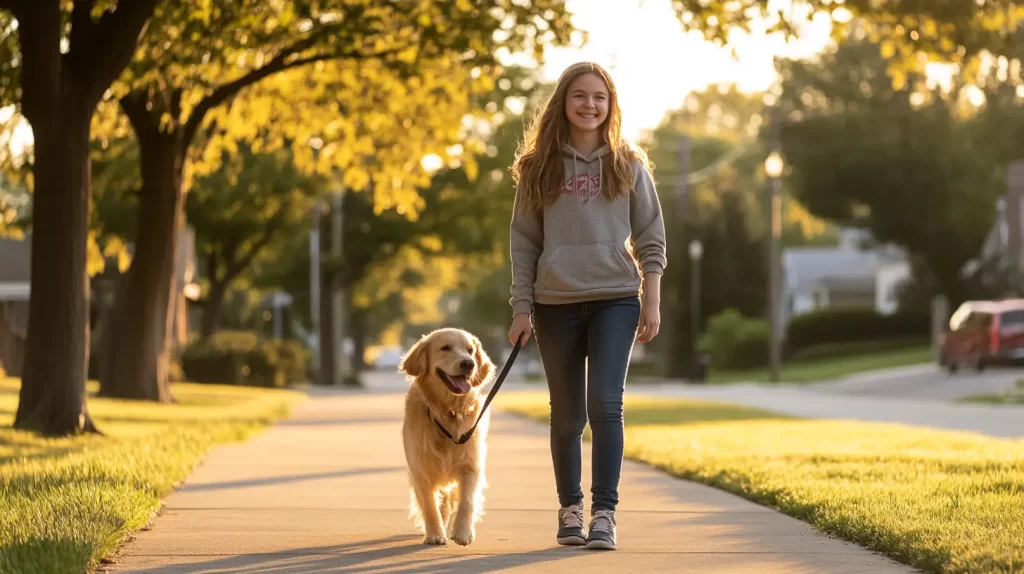 teenager walking a dog