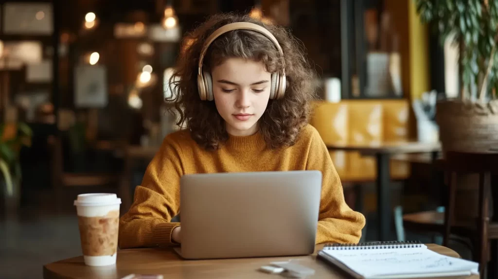 teenager at a computer in a coffee shop