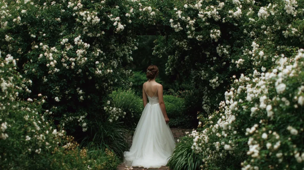 bride in wedding dress near white flowers