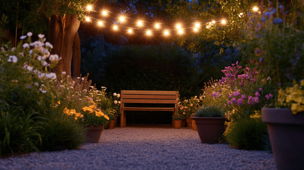 garden gravel path bench fairy lights