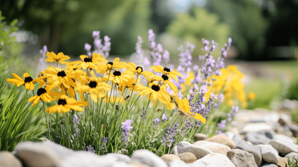 rustic stones and yellow flowers