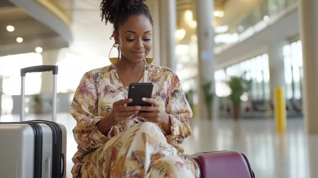 woman on her phone at the airport