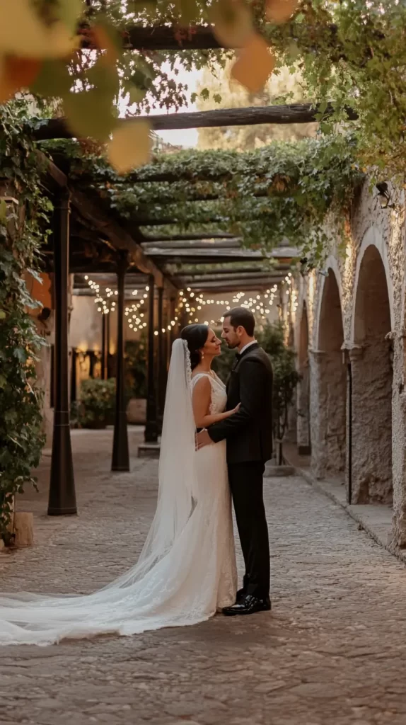 bride and groom under a wooden veranda old money wedding aesthetic