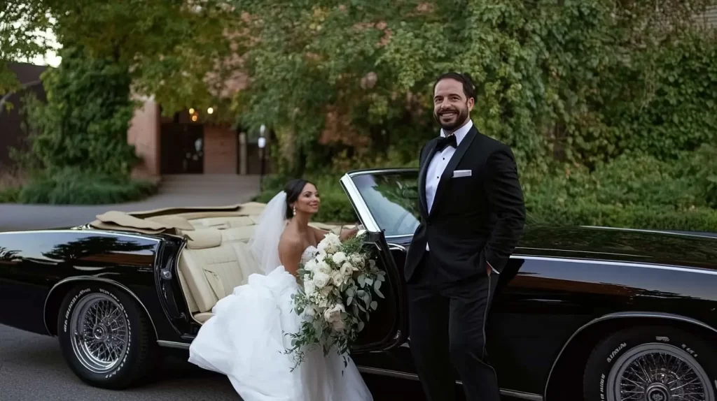 bride and groom at a black convertible