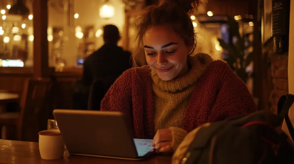 woman in a dark cafe on the computer