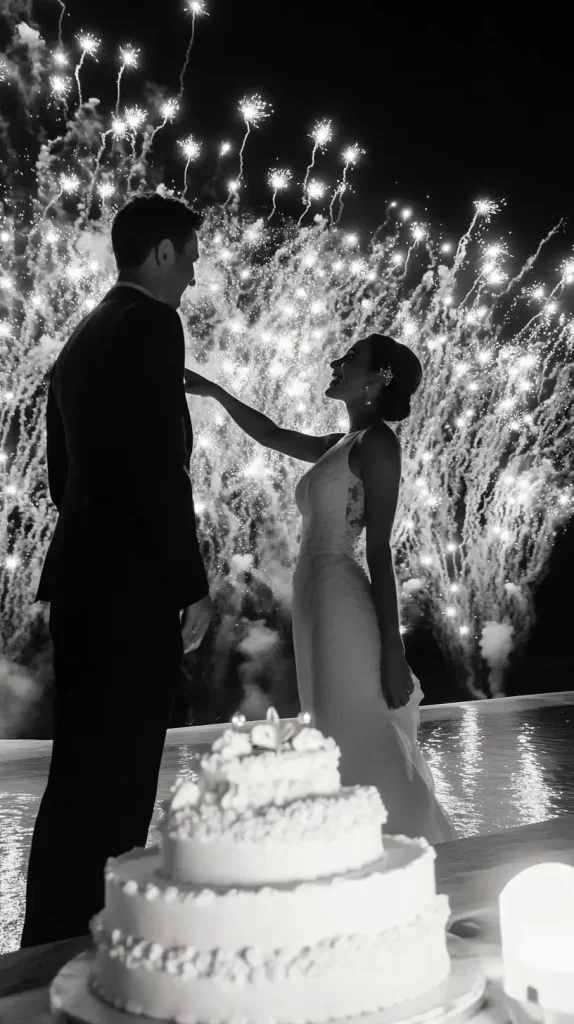 old money wedding aesthetic, black and white shot of bride and groom with fireworks and a cake