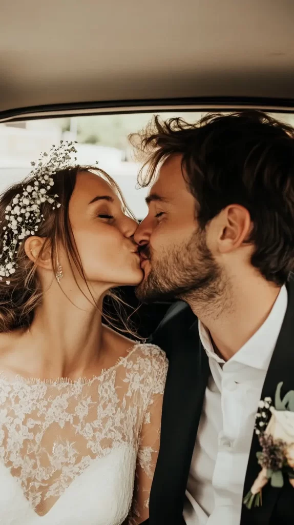 bride and groom kiss in the car