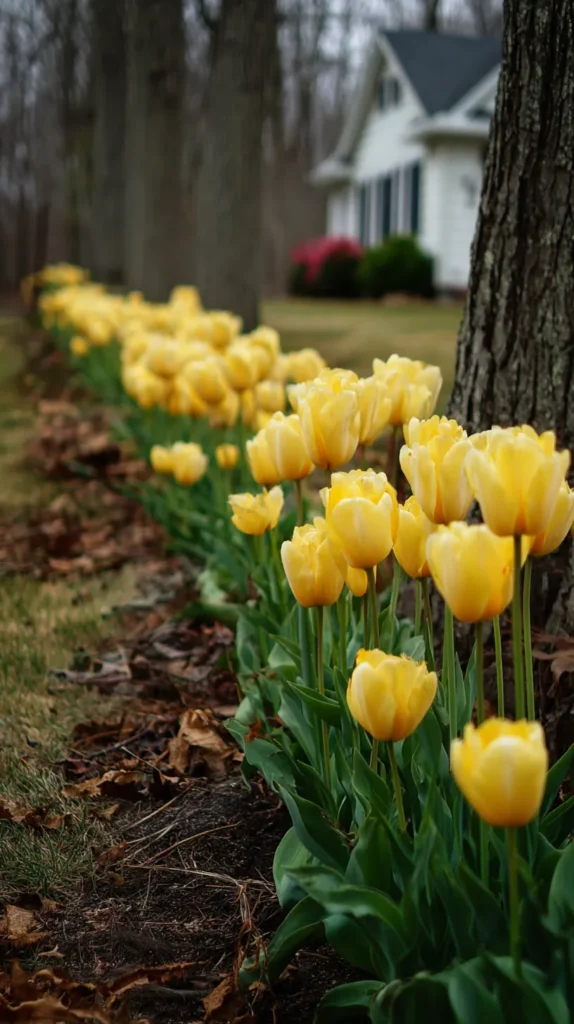 backyard ideas on a budget, close up of yellow tulips