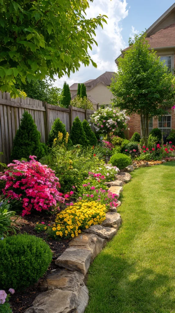 backyard ideas on a budget, flowers along the fence of a house