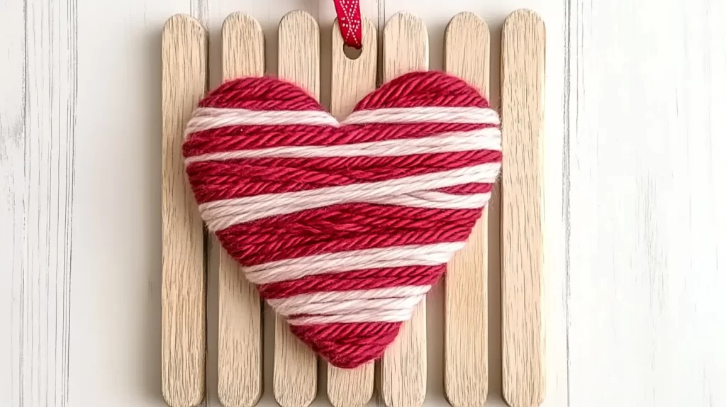 yarn heart on popsicle stick frame