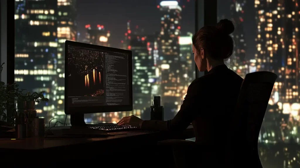 woman on the computer in a dark city setting