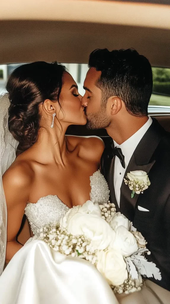 bride and groom kiss in the backseat of the car