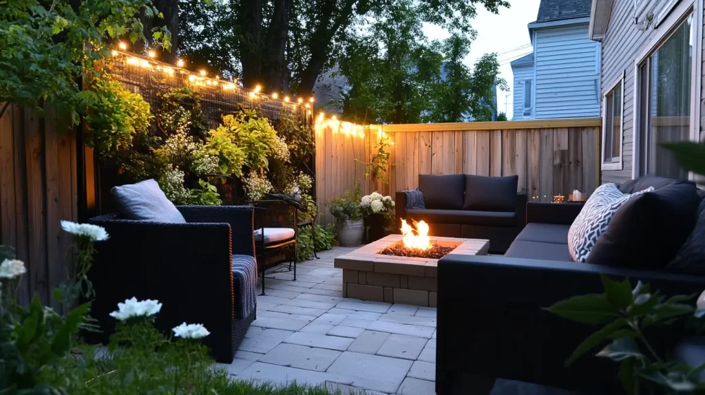 small space in the back of a house with chairs and fire pit