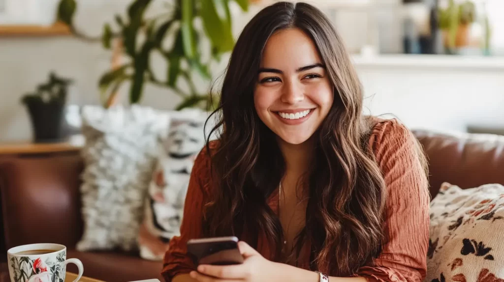 woman on her phone smiling and looking away