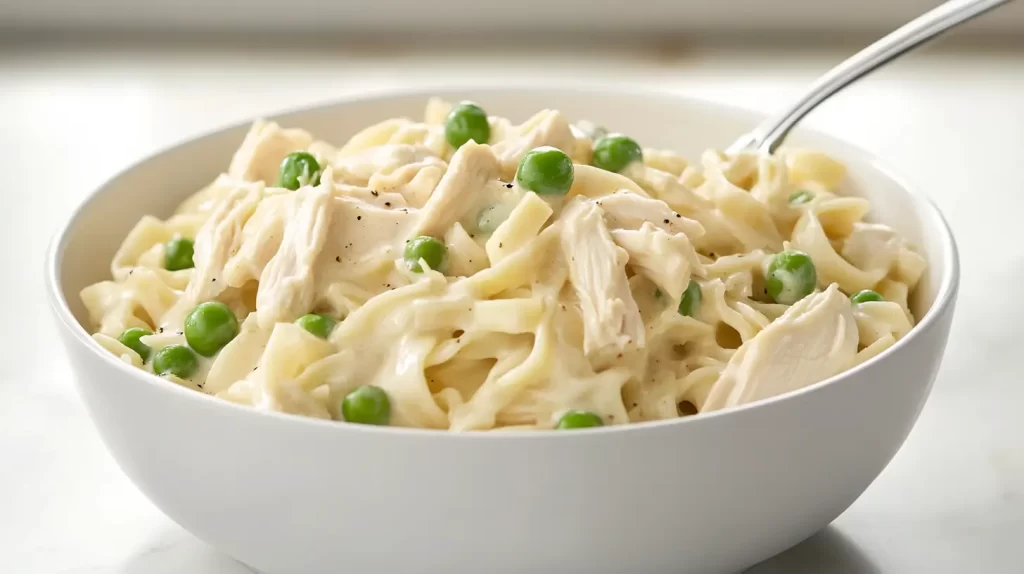 creamy one pot chicken and noodles and peas