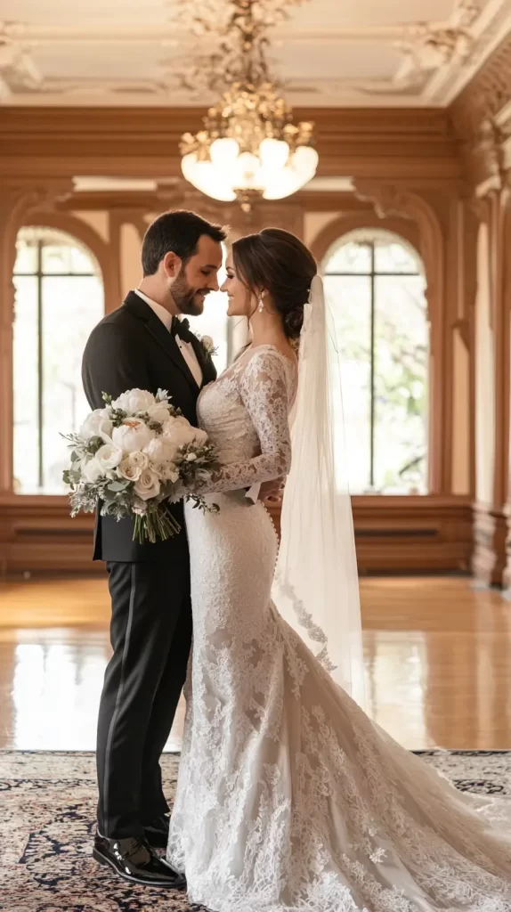 bride and groom in a mansion
