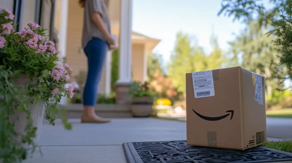 amazon box being delivered, woman standing outside on the front stoop