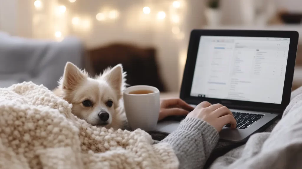 woman sitting on the couch with her dog, coffee, and blanket, make money from home