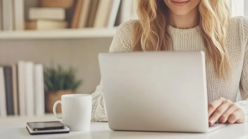 woman working on her laptop at home