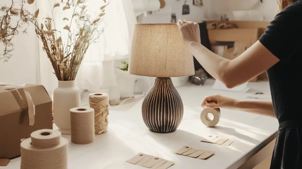 woman about to ship a handmade lamp, make money from home