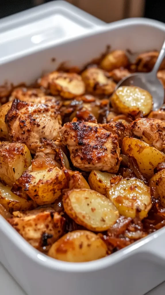 potatos and chicken in a white dish