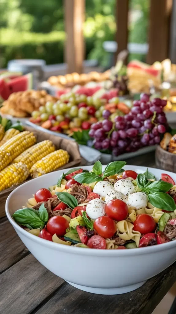 salad, corn, fruit