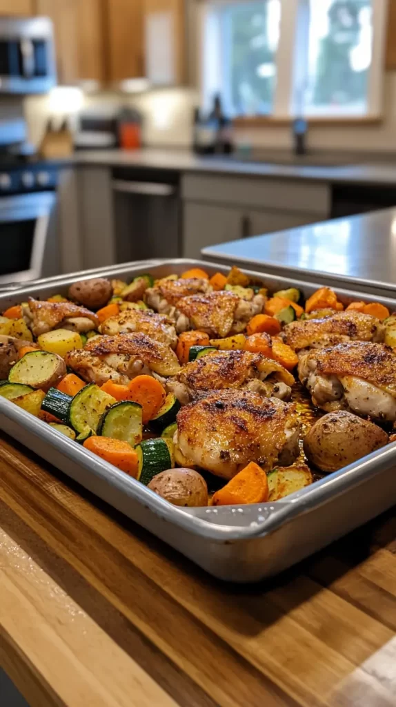 sheet pan with veggies and chicken