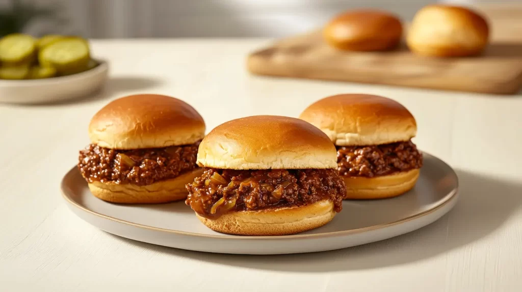 three sloppy joes on a round plate