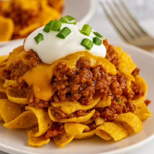 frito pie serving on white plates