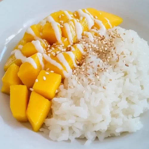 mango sticky rice on a plate