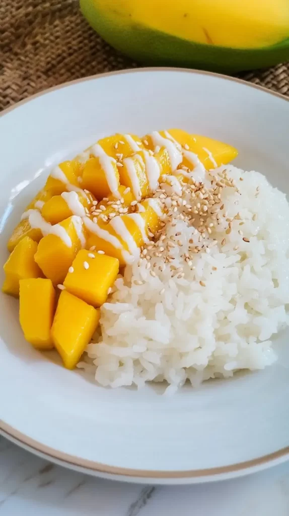 mango sticky rice on a plate