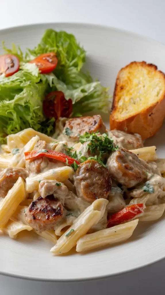 chicken sausage pasta with side salad and garlic bread