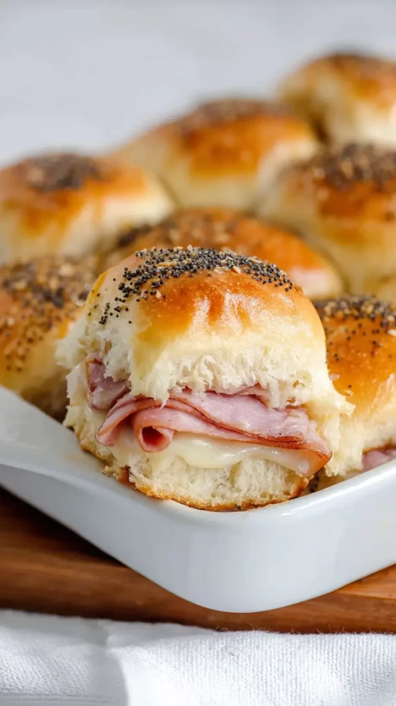 ham and cheese sliders in a white ceramic tray