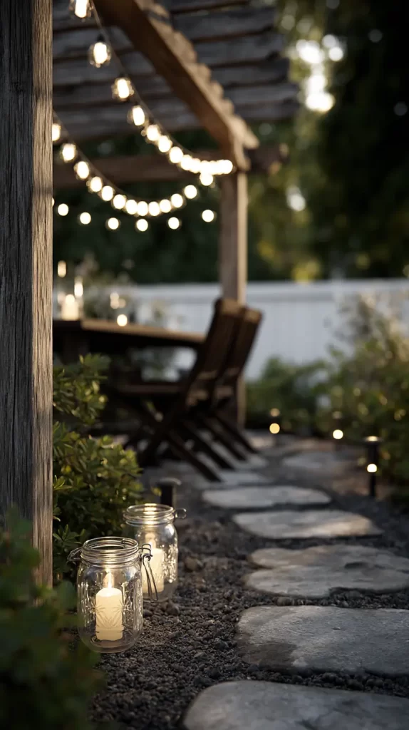 string lights and solar ground lights along a small path