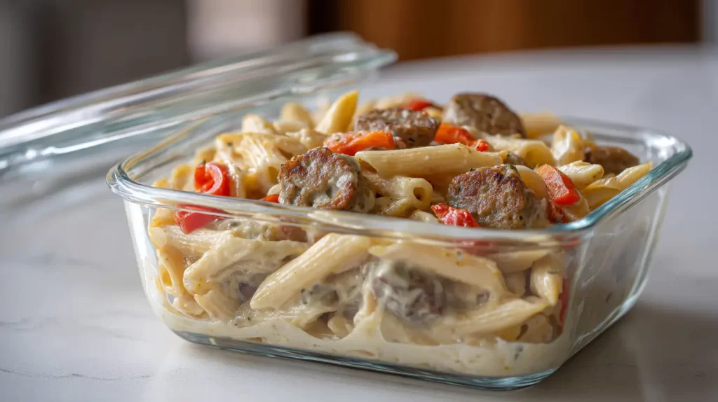chicken sausage pasta in a clear glass container